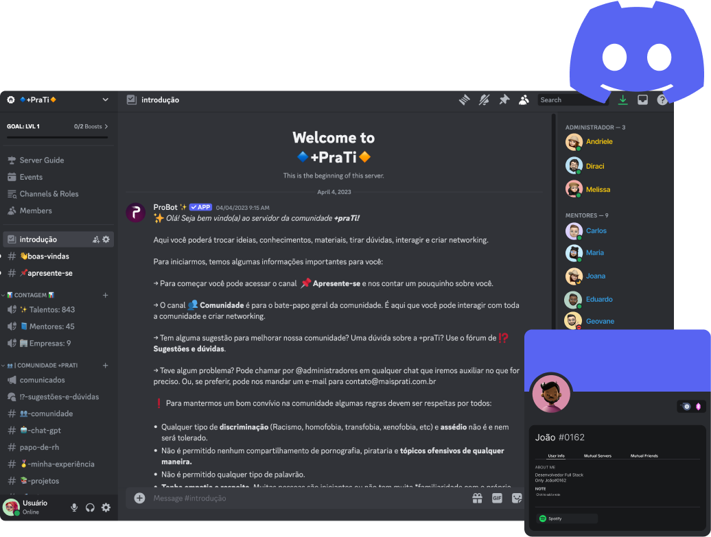 Imagens ilustrativas do Discord da +praTi