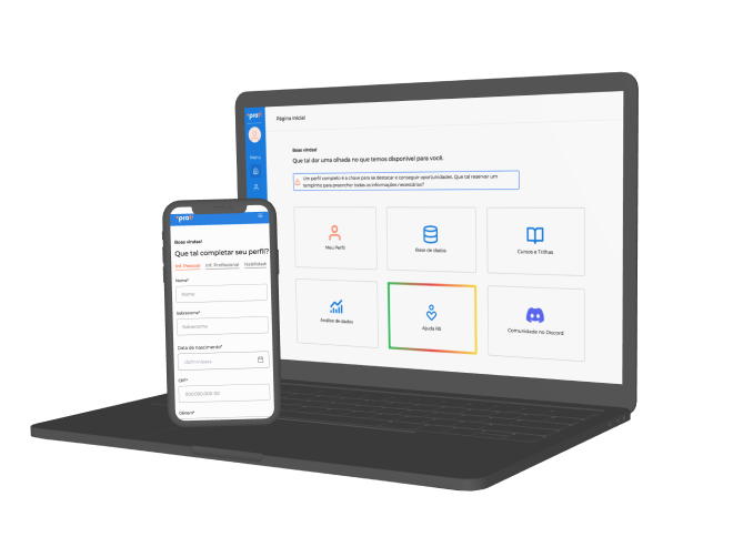 A imagem mostra um mockup de um notebook e um celular, exibindo telas da plataforma da +praTi. No centro da tela do notebook, há a interface da página inicial da plataforma, apresentando cartões que representam as diversas funcionalidades disponíveis para acesso. Na tela do celular, aparece a interface do perfil do usuário, com vários campos para preenchimento de dados pessoais. O design é limpo e intuitivo, utilizando uma paleta de cores que inclui azul, branco e laranja.