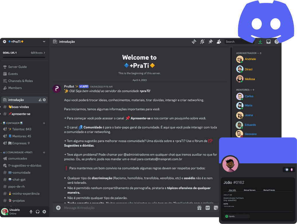 Imagens ilustrativas do Discord da +praTi